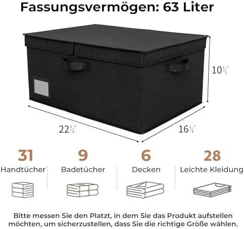 Opbergbox met stoffen deksel, 1 stuks opvouwbare opbergbox met deksel, stoffen opbergbox voor in de kast, extra groot, zwarte opbergmand met deksel voor kleding