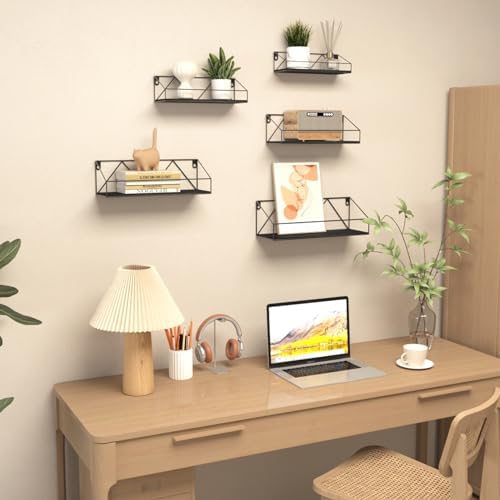 Wandrek-set bestaande uit 5 zwevende planken met klassieke zwarte houten planken en zwart metaal voor keuken, badkamer, woonkamer en kantoor