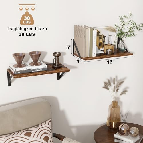 Wandplank 2-delige set, zwevende plank 40 x 20 x 12,3 cm, vintage bruine plank, boekenplank met metalen beugel, wandplank voor woonkamer, badkamer