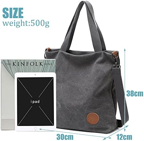 Dames canvas handtas, schoudertas, casual, multifunctionele schoudertassen, groot, voor werk, school, winkelen, vrije tijd en dagelijks gebruik, grijs, casual
