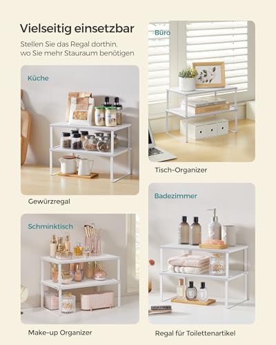 Kruidenrek, set van 2, keukenrek, keukenorganizer, keuken, kruidenhouder, uitbreidbaar, stapelbaar, klein rek, metaal, wit KCS401W01