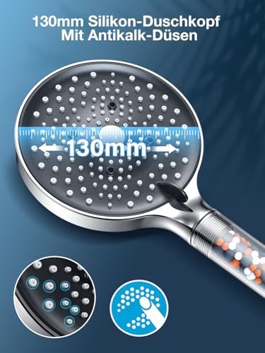 Douchekop met slang, 1,6 m, waterbesparende douchekop met filter, douchekop met 6 straalsoorten, spaardouchekop 7,5 l/min, groot (diameter 130 mm), ch