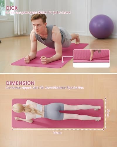 Yogamat Fitnessmat Antislip Trainingsmat Sport Turnmatten Pilatesmat Vloertrainingsmat met draagriem 183 x 61 x 0,6 cm