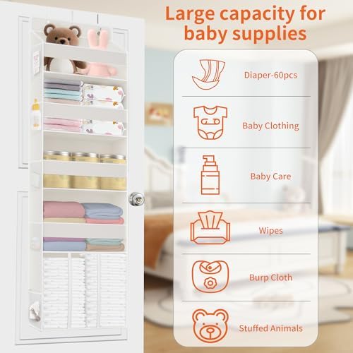 Deurorganizer om op te hangen met 5 vakken, 1 ruime bak en 10 zijvakken, luiertasorganizer voor de babykamer, ophangbare opbergruimte voor de deur