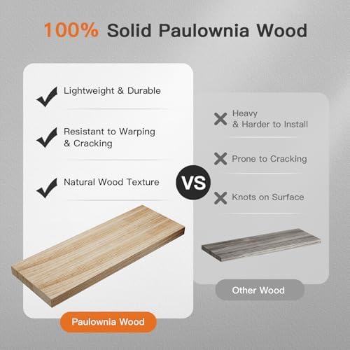 Wandplank, Paulownia-hout, wandplanken, houten planken, 3 + 1 stuks, voor slaapkamer, badkamer, woonkamer, keuken, thuiskantoor, wasruimte
