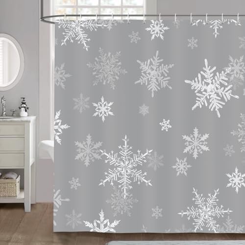 Douchegordijn Winter Sneeuwvlokken Kerstmis Grijze douchegordijnen 180 x 180 cm Schimmelbestendige, waterdichte polyesterstof Wasbaar badkamergordijn voor het bad