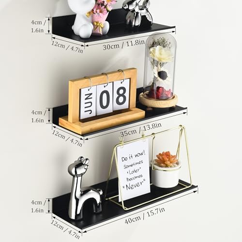 Metalen wandplank, set van 3, zwevende plank, zwart, zonder boren, badkamerplank, doucheplank, waterdicht, moderne wandplank voor decoratie, plank voor