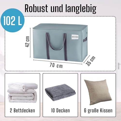 Opbergzak van 102 liter, opbergbox met deksel, verhuiszak met stevige handvatten en ritsen, alternatief voor verhuisdozen, opvouwbare kledingopbergtas (lichtblauw)