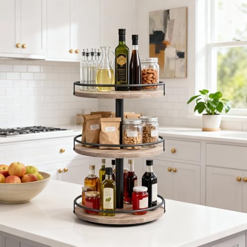 Kruidenrek, keukenrek, draaibare kruidenhouder met 3 niveaus, keukenorganizer, kruidenhouder, voor aanrecht, kaptafel, eettafel, rustiek grijs