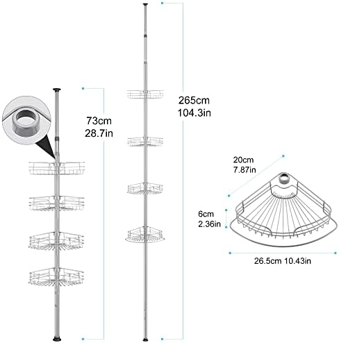 Telescopisch doucherek, hoekrek van metaal met 4 manden, antislip, stabiel badkamerrek, boren niet nodig, in hoogte verstelbaar van 73 tot 265 cm, voor douche en bad