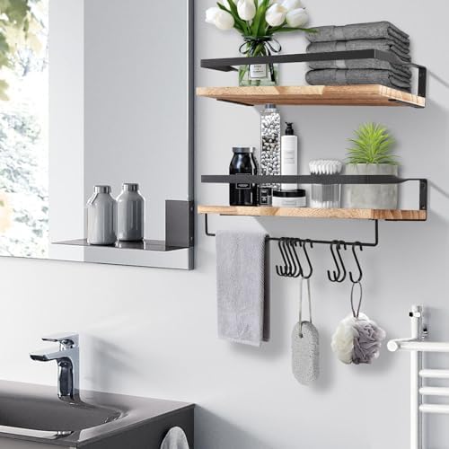 Houten wandplank, zwevende plank in rustieke stijl met handdoekhouder, set van 2, lichtbruin, voor slaapkamer, woonkamer, badkamer, keuken, kantoor