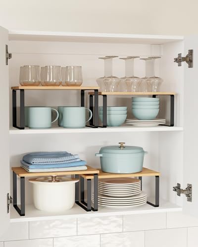 Kruidenrek, set van 4, keukenrek, keukenorganizer, uitbreidbaar, kruidenhouder, stapelbaar, met metalen frame, 19,5 x 29,7 x 15,8 cm, diepzwart-naturel