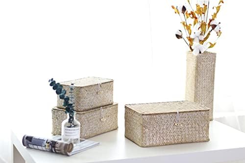 Zeegras opbergmand met deksel, handgevlochten rechthoekige rotanbox voor speelgoed, kleding, boeken, sleutels, make-up organizer, set van 3 opbergmanden