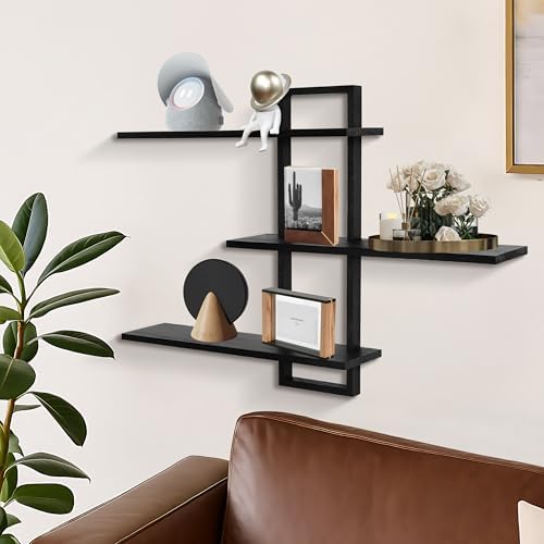Wandplanken met 3 niveaus, decoratieve zwevende plank voor aan de muur, planten- en fotoplank voor opslag en presentatie, houten plank voor de woonkamer, Sc