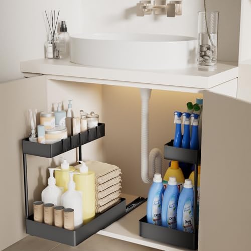 Keukenorganizer Kast Keukenorganizer 2 verdiepingen Onder-spoelbakrek Kastorganizer Keuken met 5 haken Onder-spoelbakorganizer voor spoelbak,