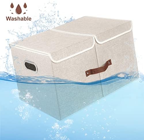 Extra grote opbergbox met deksel en vakken, stof, opvouwbaar, wasbaar, opbergbox met deksel, 55 x 33 x 30 cm, set van 3, beige