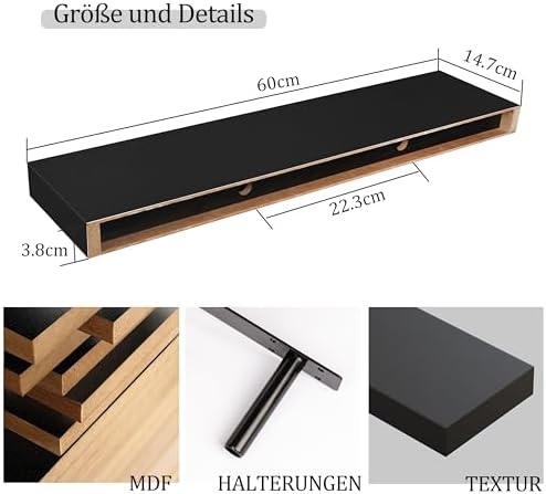 Zwevende plank, wandplank, decoratieve wandplank, set van 2, 60 cm wanddecoratie voor badkamer, keuken, woonkamer en slaapkamer (zwart)