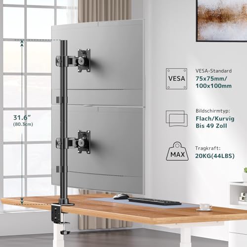 Monitorbeugel voor 2 monitoren boven elkaar, in hoogte verstelbare dubbele armstandaard voor 17–49 inch platte en gebogen schermen, tot 20 kg per arm, VESA 75/100 mm (zwart)