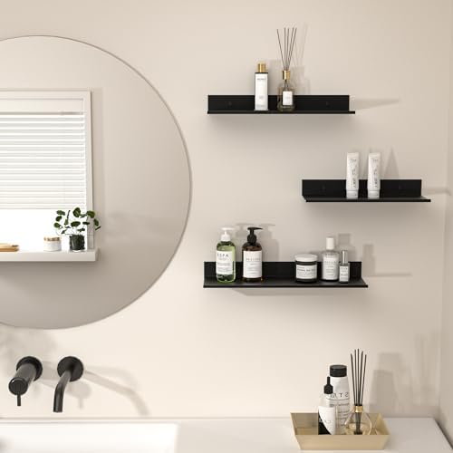 Metalen wandplank, set van 3, zwevende plank, zwart, zonder boren, badkamerplank, doucheplank, waterdicht, moderne wandplank voor decoratie, plank voor