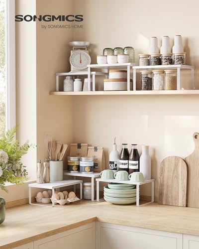 Kruidenrek, set van 3 keukenorganizers, keukenrek, stapelbaar, uitbreidbaar, metaal en houtcomposiet, sneeuwwit-matwit KCS220W01