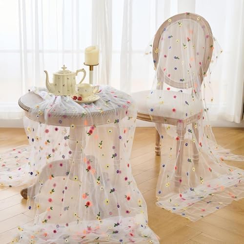 Met tule geborduurde tafelloper, wit, 72 x 300 cm, tafelloper van kaasdoek, chiffonbloemen, tafeldecoratie, gaas-tafelkleed, tafelloper met madeliefjes