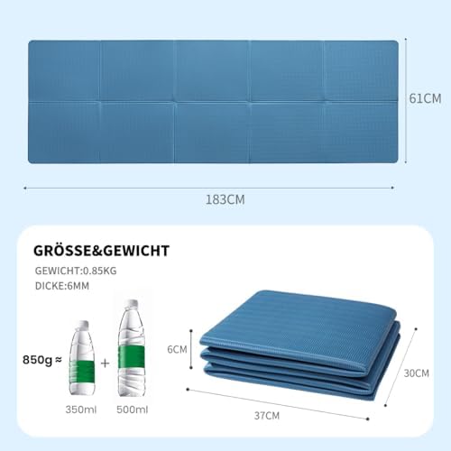 Yogamat, antislip, draagbare fitnessmat, opvouwbaar, lichtgewicht, gymnastiekmat, pilates, sport, reis-yogamat, 183 x 61 x 0,6 cm