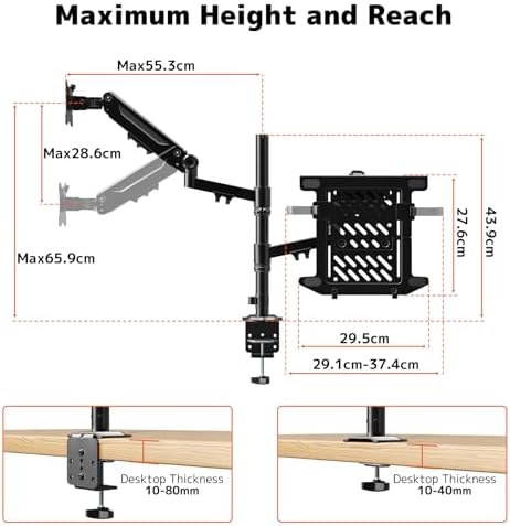 Monitorhouder met laptoparm voor 17–35 inch beeldschermen en notebooks tot 18 inch, volledig verstelbare, veerondersteunde laptophouder voor op het bureau, VESA 75 x 75/100 x