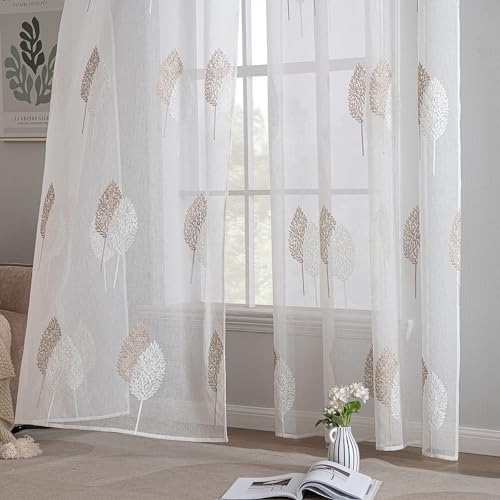 Woonkamer gordijnen, transparant, mooi bladpatroon, modern, geborduurd, oogjes, voor slaapkamerdecoratie, set van 2, raamgordijnen, 225 x 14