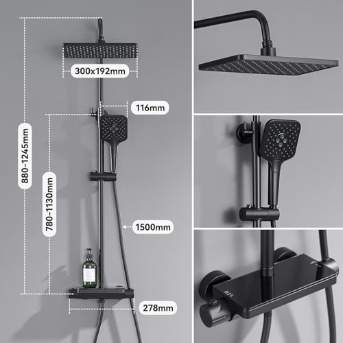 Douchesysteem met thermostaat en glazen plank, douchekraan, complete set met 12-inch regendouchekop, handdouche, 3 straalsoorten, waterbesparend, in