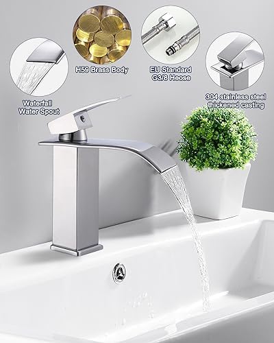 Wastafelkraan, badkamerkraan, kraan voor wastafel, waterval-badkamerkraan in chroom, geschikt voor koud en warm water, met aantrekkelijk design