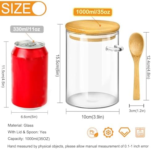 Glazen potten met deksel, luchtdicht en lepel, potten voor overnight oats, voorraadpotten voor levensmiddelen, voor koffie/thee/suiker/kruiden, maaltijdbereiding, glazen suikerpot