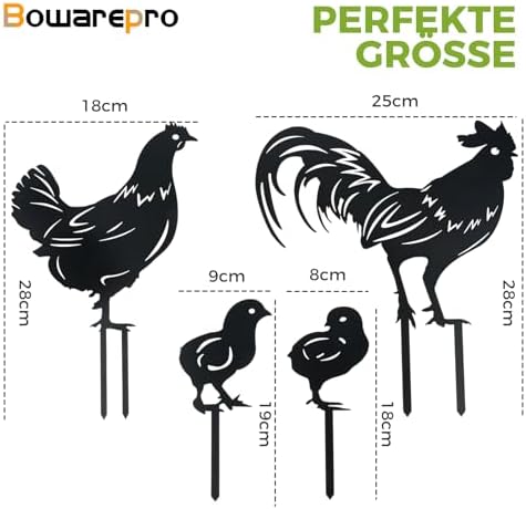 4 metalen kippen, tuindecoratie, haan-decoratie, tuinbordjes, kippendecoratie, handgemaakte tuinfiguren voor buiten, binnenplaats, schutting, tuin (zwart)