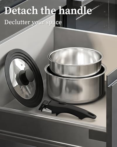 Pannenset, afneembare handgreep, roestvrij staal, pannenset, geschikt voor inductie, vaatwasmachinebestendig, kampeerpannen voor gasfornuis, klein