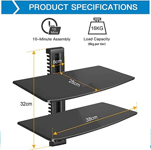 Plank, zwart, met versterkt hardglas, voor dvd-speler/kabels, luidsprekers/spelconsoles/tv-accessoires