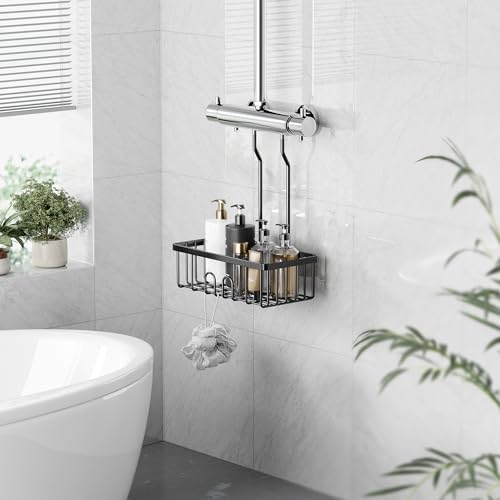 Doucherek om op te hangen, zwart, doucherek, douchemand, shampoohouder voor de douche, douchemand, ophanging van roestvrij staal, douchehouder zonder