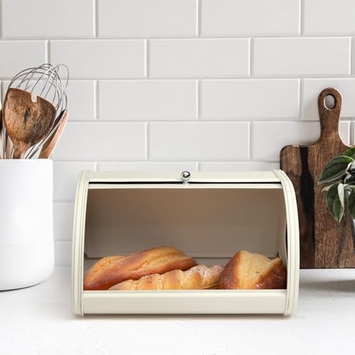 Broodtrommel met roestvrijstalen behuizing, metalen broodtrommels voor de keuken, broodbewaarbak met oprolbare broodtrommel, eenvoudig op te bergen broodtrommelhouder Li