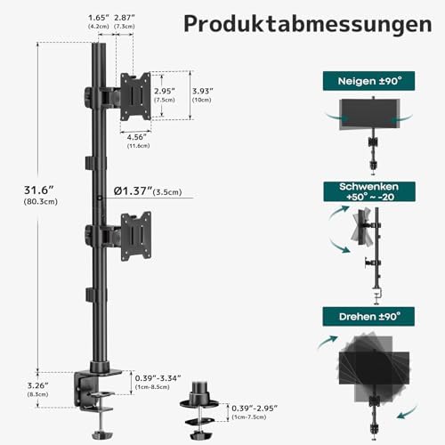 Monitorbeugel voor 2 monitoren boven elkaar, in hoogte verstelbare dubbele armstandaard voor 17–49 inch platte en gebogen schermen, tot 20 kg per arm, VESA 75/100 mm (zwart)