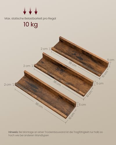 Wandplanken, set van 3 zwevende planken, lengte 38 cm, verhoogde voorkant voor decoratieartikelen, kruidenpotjes en fotolijstjes, vintage bruin