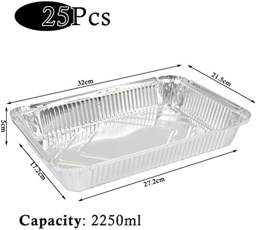 Set van 25 aluminium opvangbakjes – aluminium bakjes 32 x 21,5 cm, barbecuebakjes 2250 ml – rechthoekige voedselbakjes – hittebestendige opvangbakjes