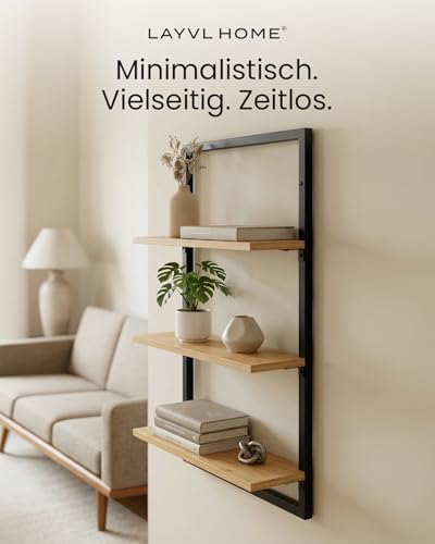 Wandplank van bamboe met zwart metalen frame, 75x50x15cm, hangende plank met modern design, wandplank van metaal en hout, wandmeubel voor de woonkamer