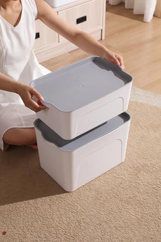 Set van 4 opbergdozen met deksel, 15 l kunststof (PP) opbergdoos, stapelbare kunststofdoos voor keuken, badkamer, slaapkamer, kleedkamer, kantoor, stevig