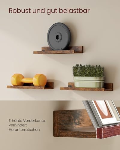 Wandplanken, set van 3 zwevende planken, lengte 38 cm, verhoogde voorkant voor decoratieartikelen, kruidenpotjes en fotolijstjes, vintage bruin