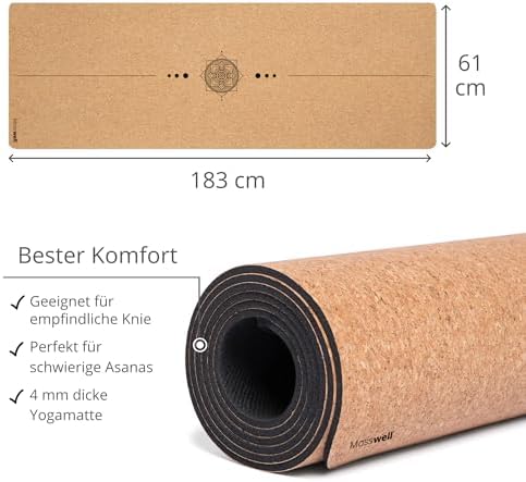 Premium kurken yogamat (4 mm dik) – antislip fitnessmat met hulplijnen – pilatesmat + yogatas