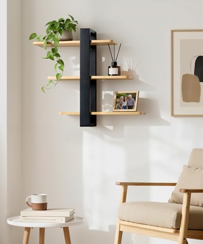Houten wandplank, zwevende planken, hangplank, groter, praktische decoratieve planken met drie niveaus van massief hout voor de woonkamer en slaapkamer, afneembaar