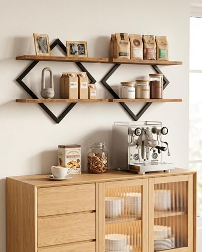 Wandrek, set van 2, zwevend rek, hangende rekken met 2 niveaus, voor woonkamer, slaapkamer, keuken, kantoor, rustiek bruin en zwart DTBJ01P2BF