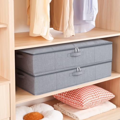 Set van 2 opbergboxen voor onder het bed, opbergbox met deksel, opvouwbare stoffen boxen met verstevigde handgreep en ritssluiting voor dekbedden, dekens, kleding, grijs, 80