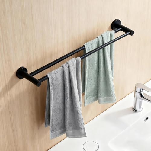 Uitschuifbare handdoekhouder, 43–72 cm, roestvrij staal 304, dubbele stangen, zwart, voor badkamer/keuken/hotel