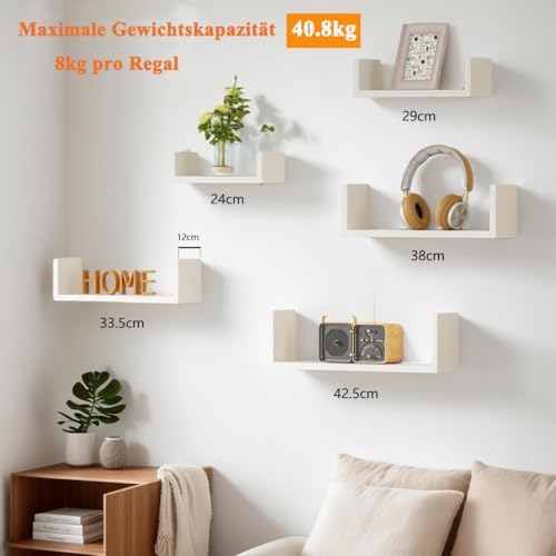 Wandplanken wit 5 stuks, houten wandplanken, zwevende planken met een maximaal draagvermogen van 40 kg, moderne wandplankdecoratie, doe-het-zelf wandmontage hangplanken voor de woonkamer