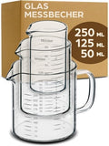 Set glazen maatbekers met schenktuit, 50 ml, 125 ml, 250 ml, nauwkeurige schaalverdeling, stapelbaar, hittebestendig en magnetronbestendig