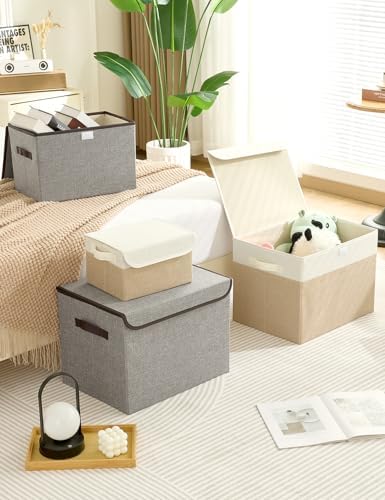 Opbergboxen met deksel, set van 3 opvouwbare stoffen opbergboxen met handige handvatten, 37 x 24 x 24 cm, opbergboxen met deksel voor de slaapkamer, k